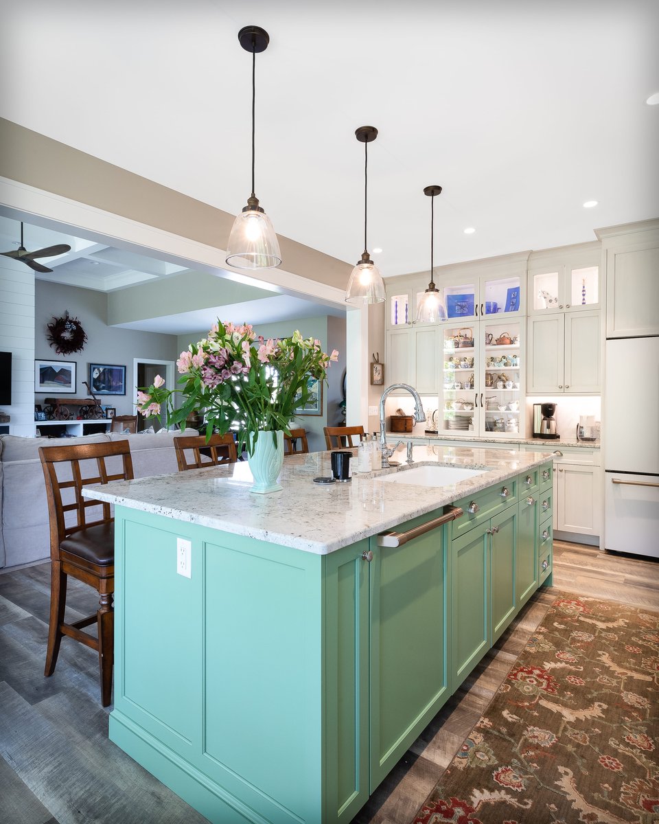 Large Kitchen Island with Beautiful Green Accent Color Cabinetry  | Sunwood Home Builders & Remodelers